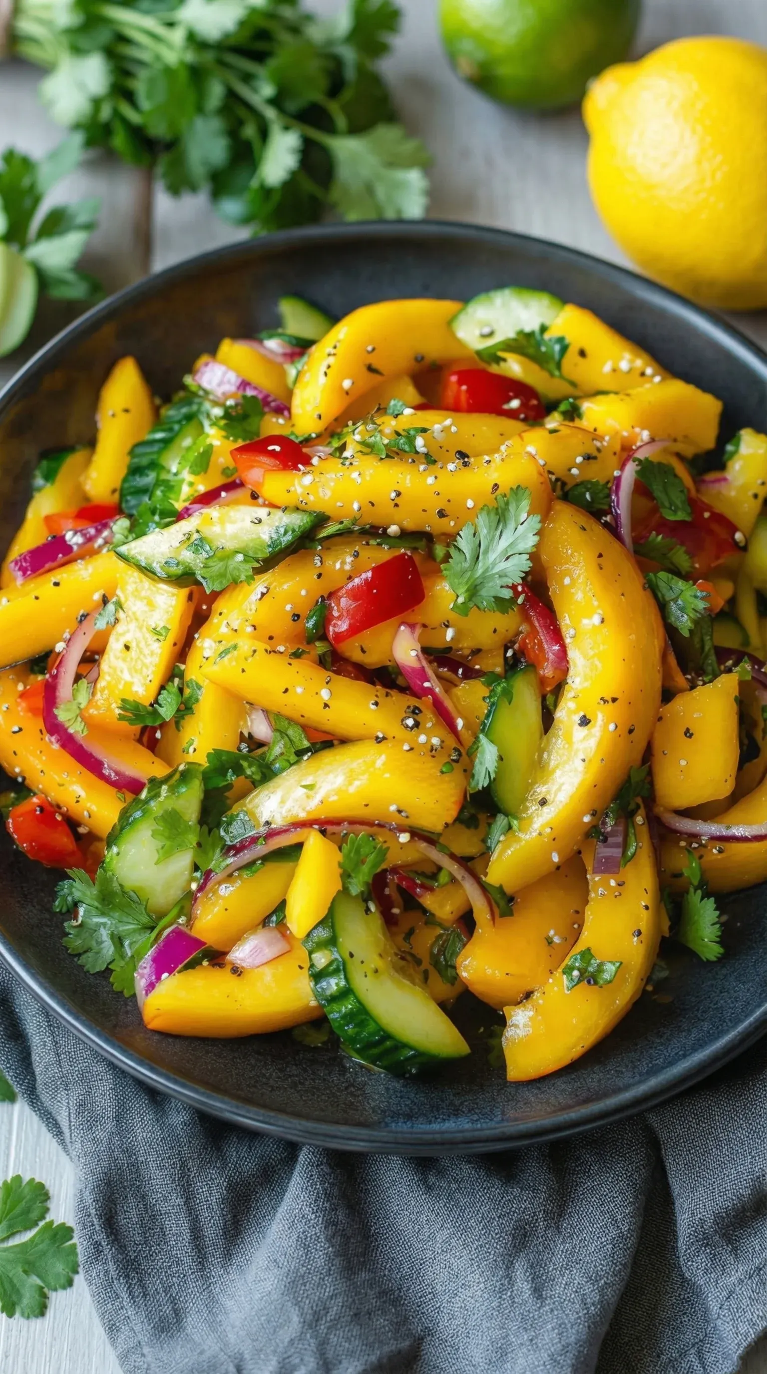 A bowl of fruit salad with yellow peppers, cucumbers, and tomatoes.