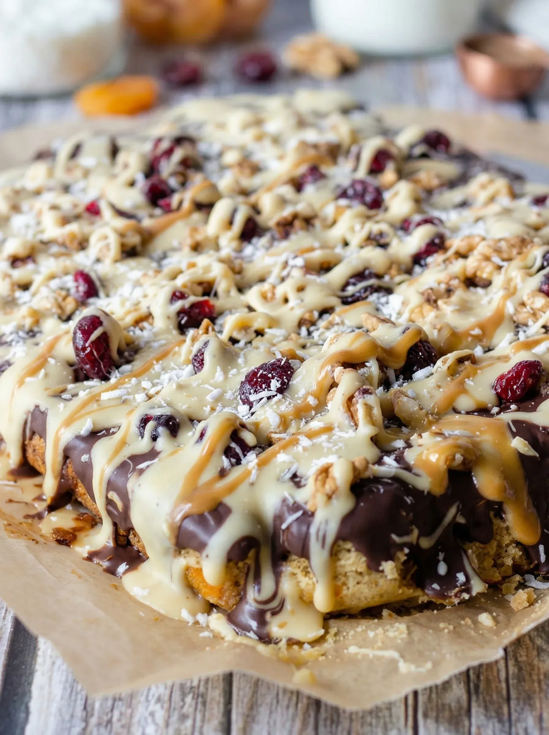 A slice of cake with chocolate and nuts on it.