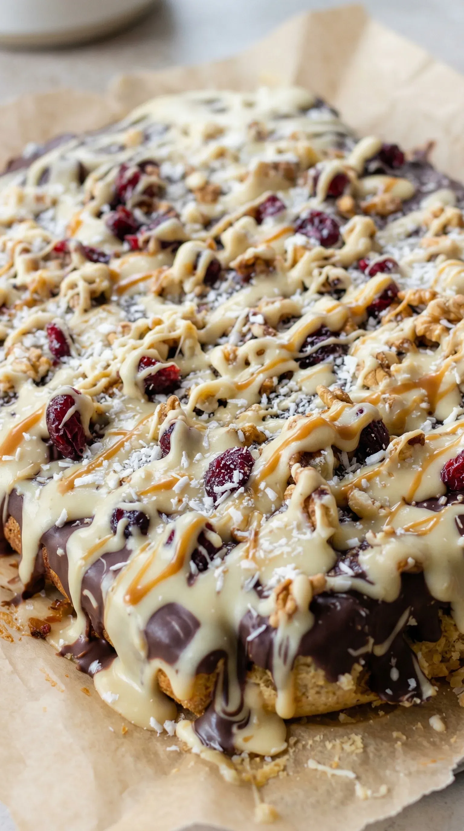 A delicious looking chocolate cake with white icing and nuts.
