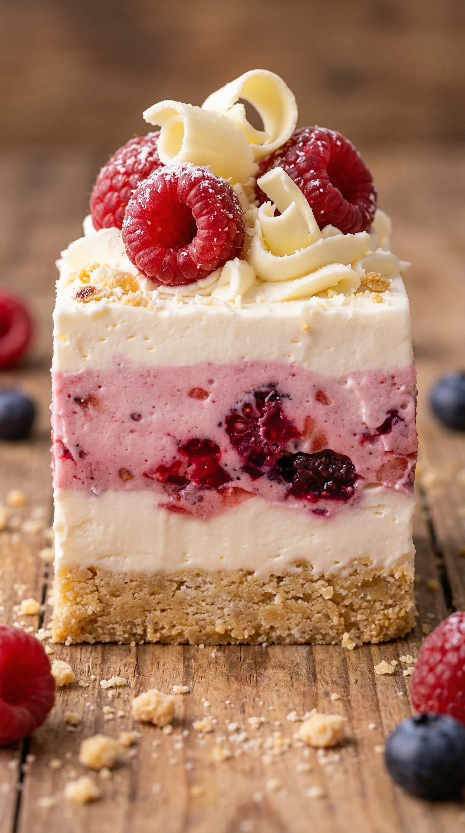 A slice of cake with raspberries on top.