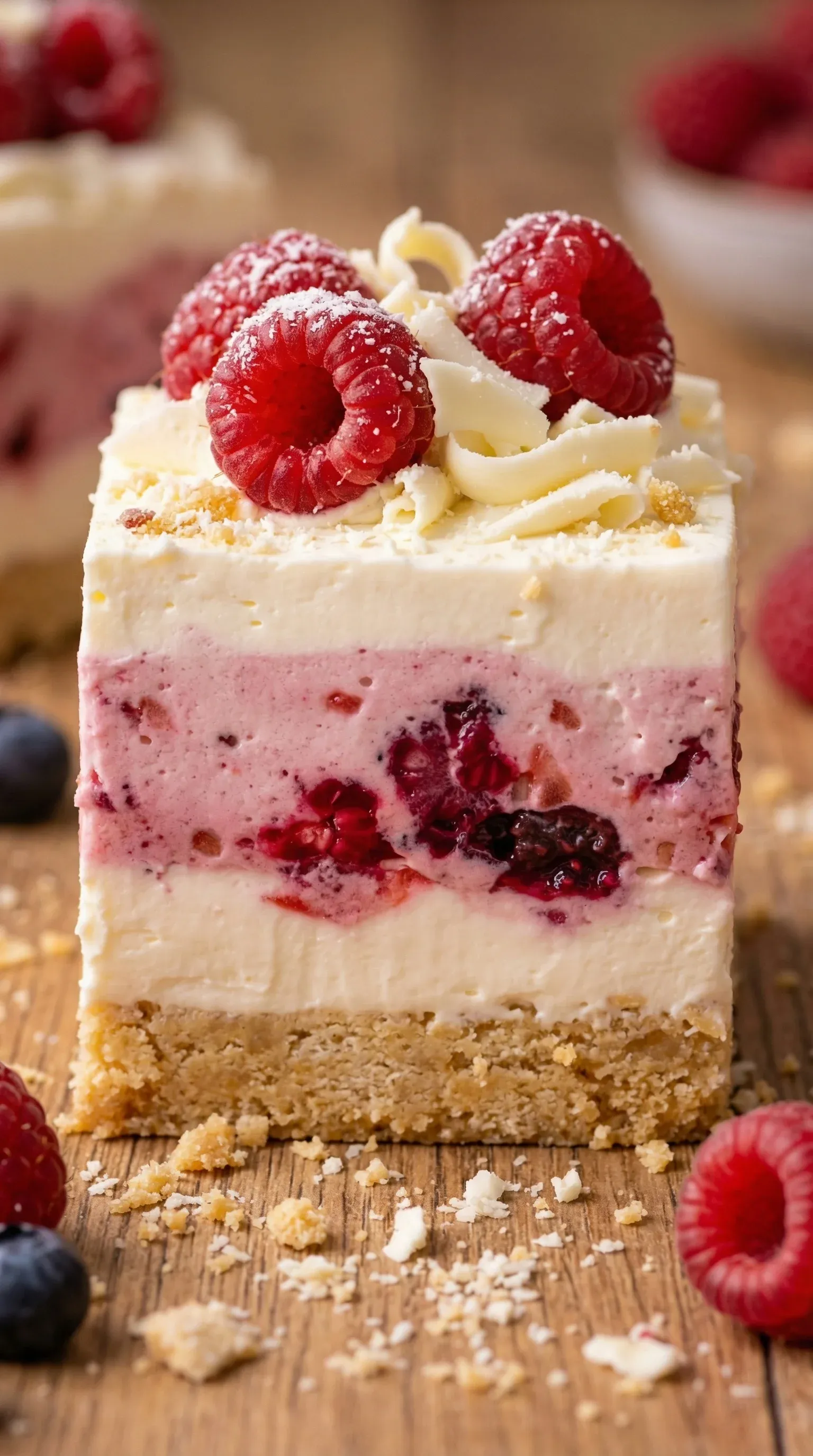 A slice of cake with raspberries on top.