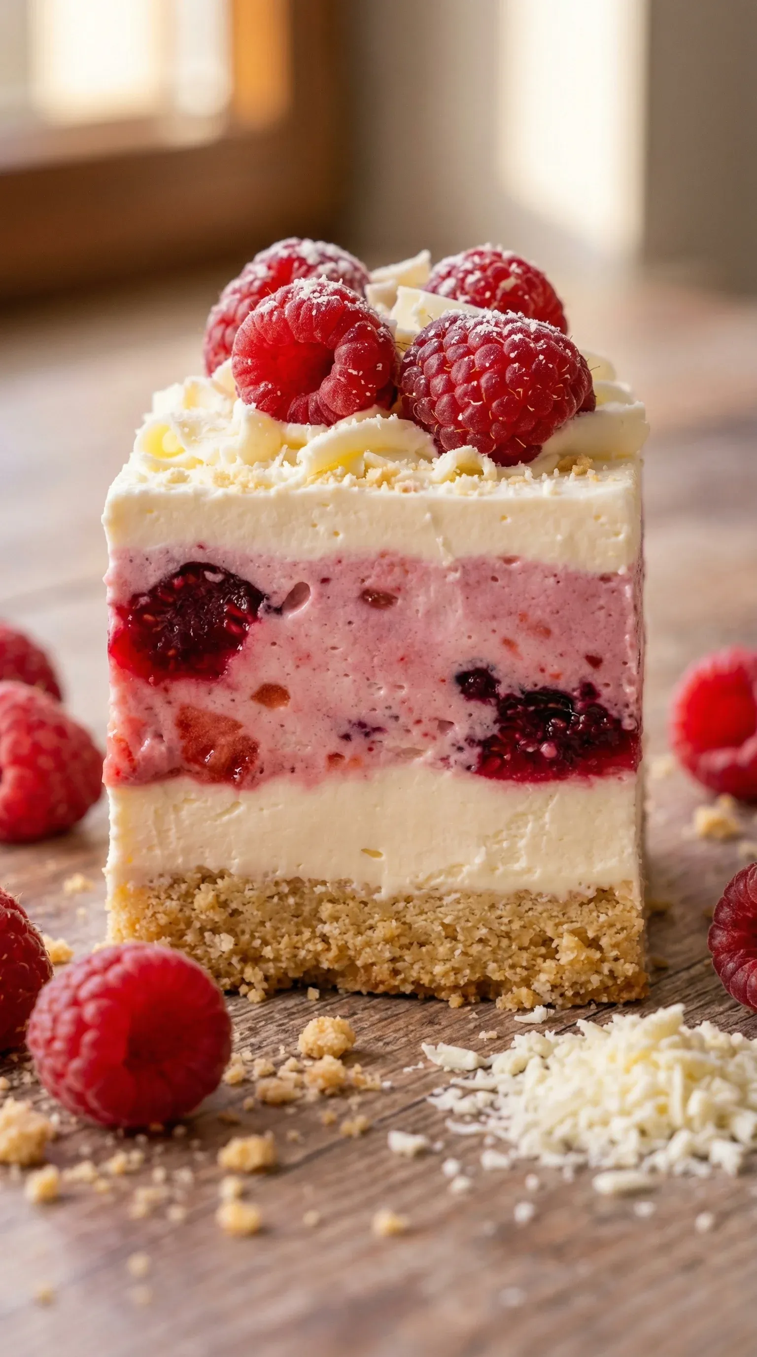 A slice of cake with raspberries on top.