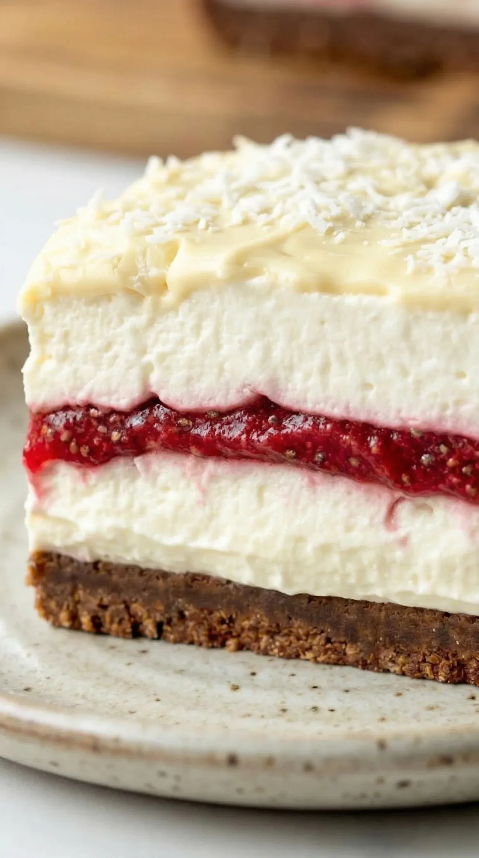 A slice of cake with strawberry jam.