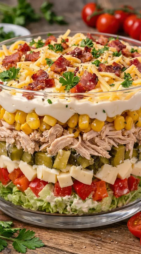 A large salad with various vegetables and meat.