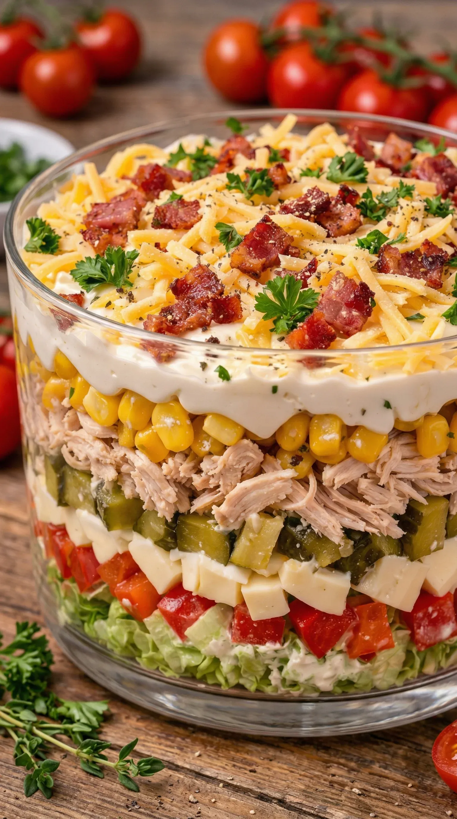 A large salad with various ingredients.