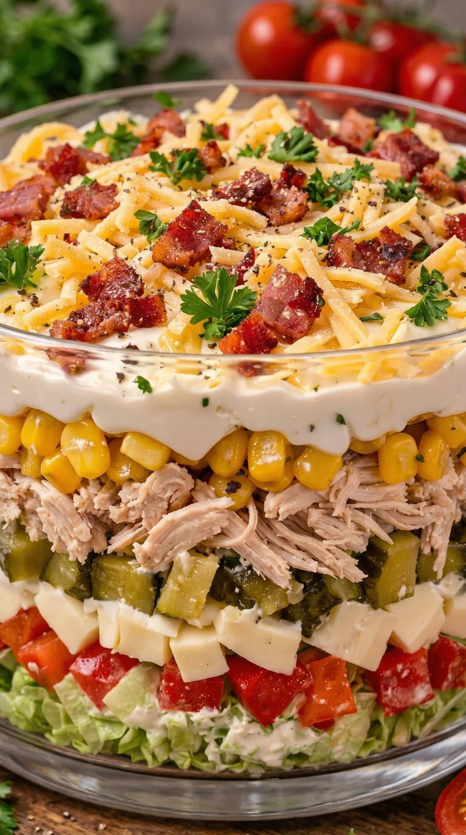 A large salad with various toppings.