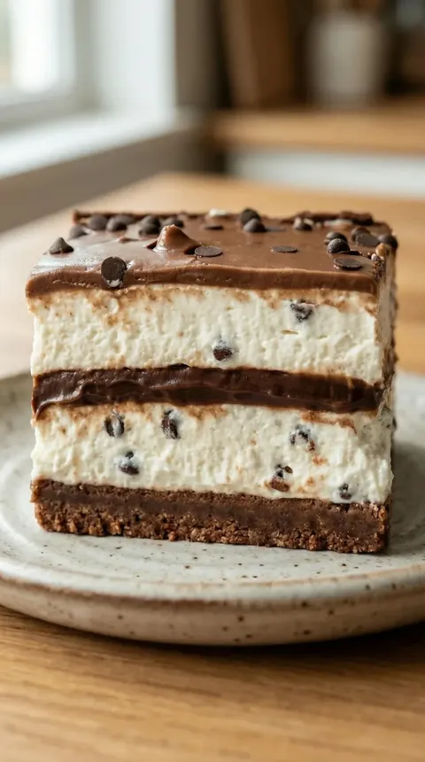 A slice of chocolate cake with chocolate chips.