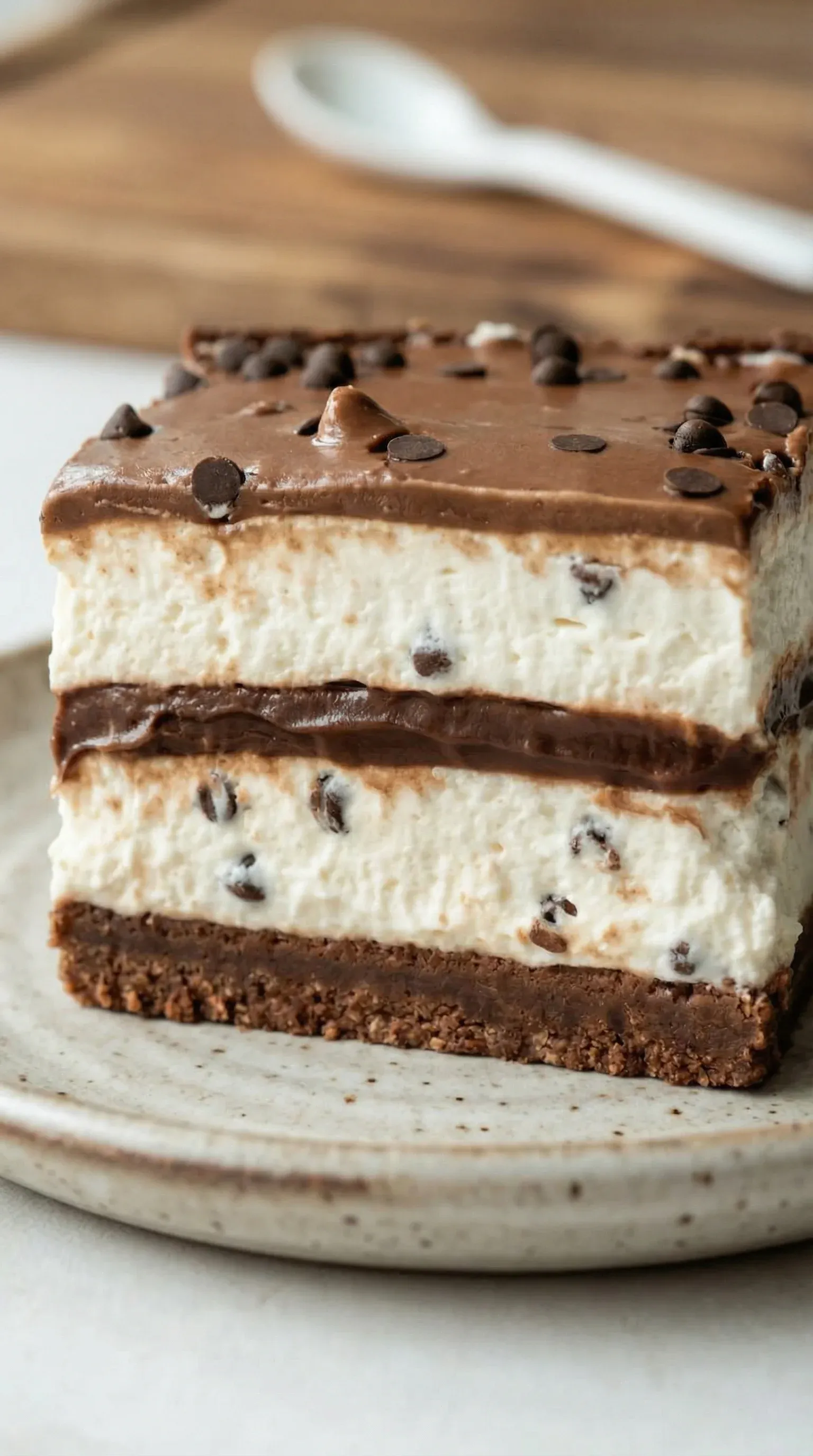 A slice of chocolate cake with chocolate chips.