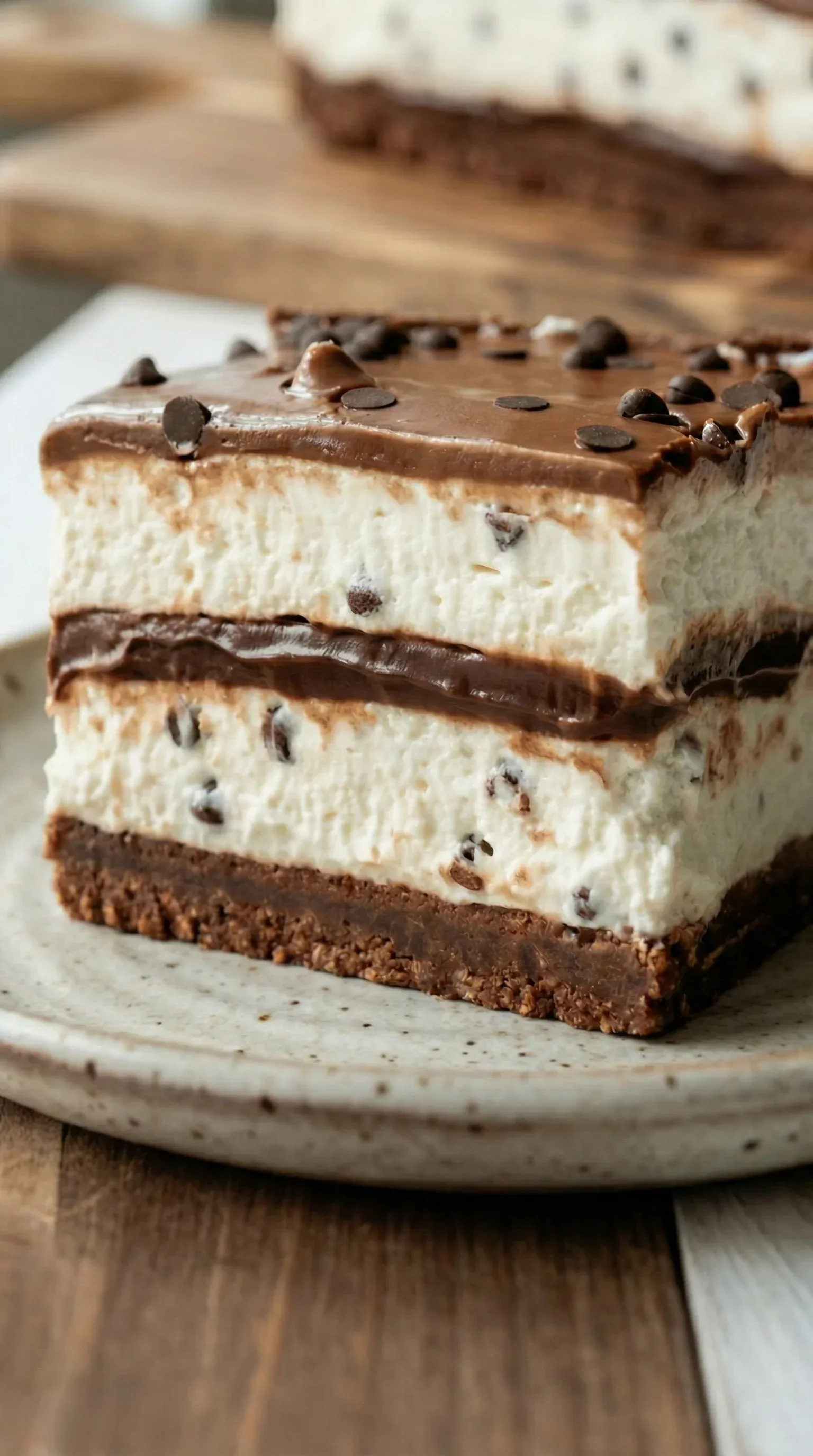 A slice of chocolate cake with chocolate chips.