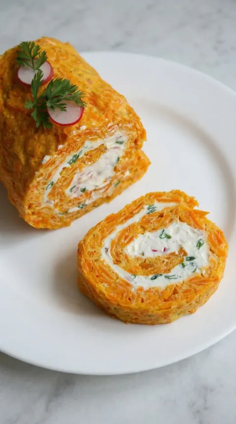 A plate with a rollada marchewkowa on it.