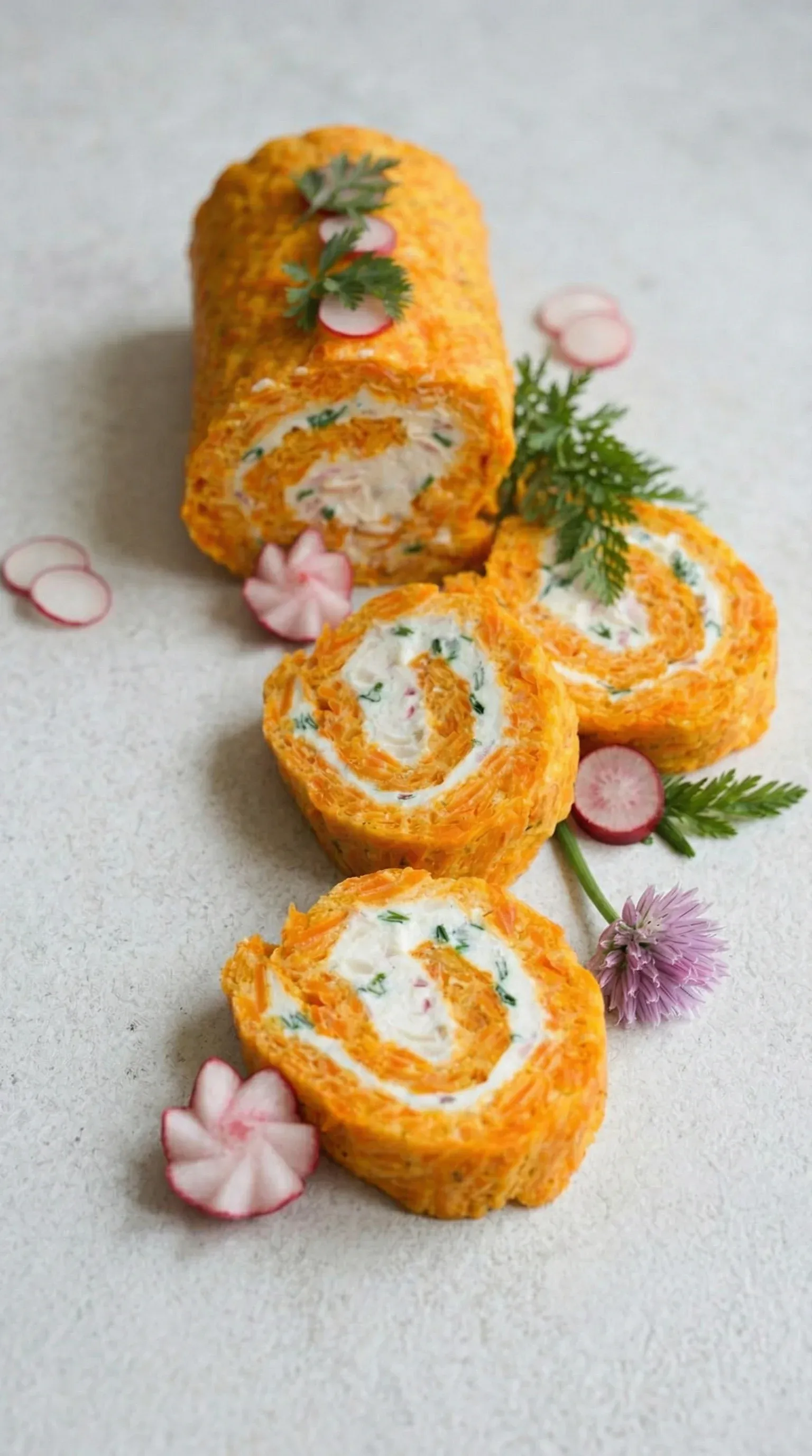 A roll of food with a green garnish.