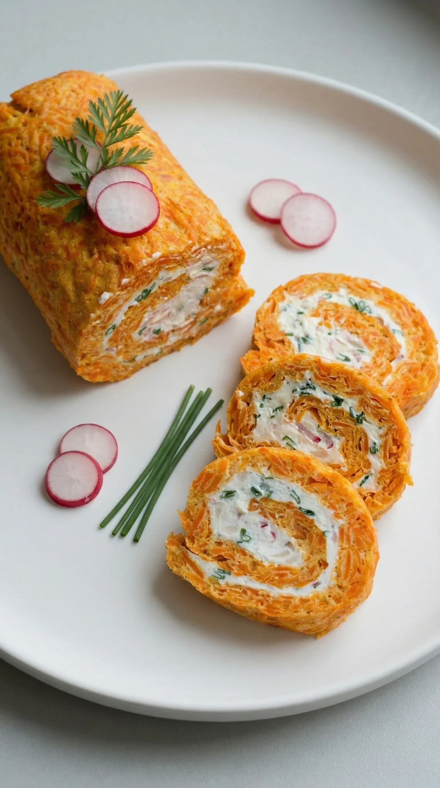 A plate with a rollada marchewkowa and radishes.