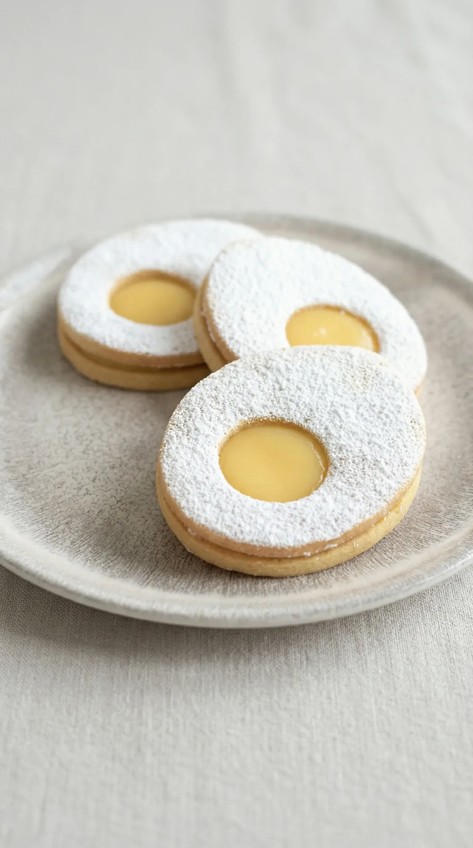 A plate of white cookies with yellow filling.