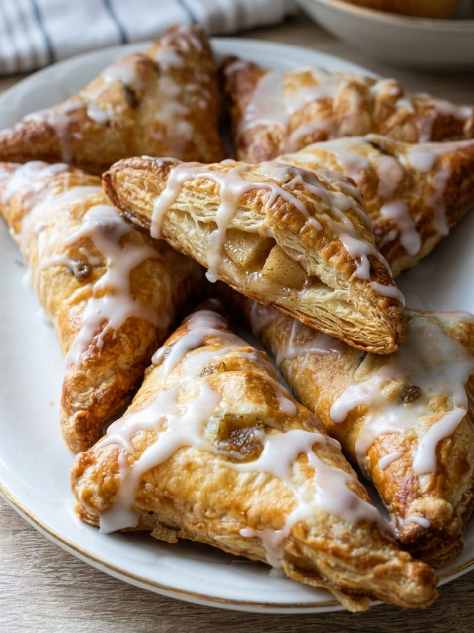 A plate of pastries with icing and fruit.