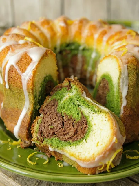 A slice of a three-colored babka cake.