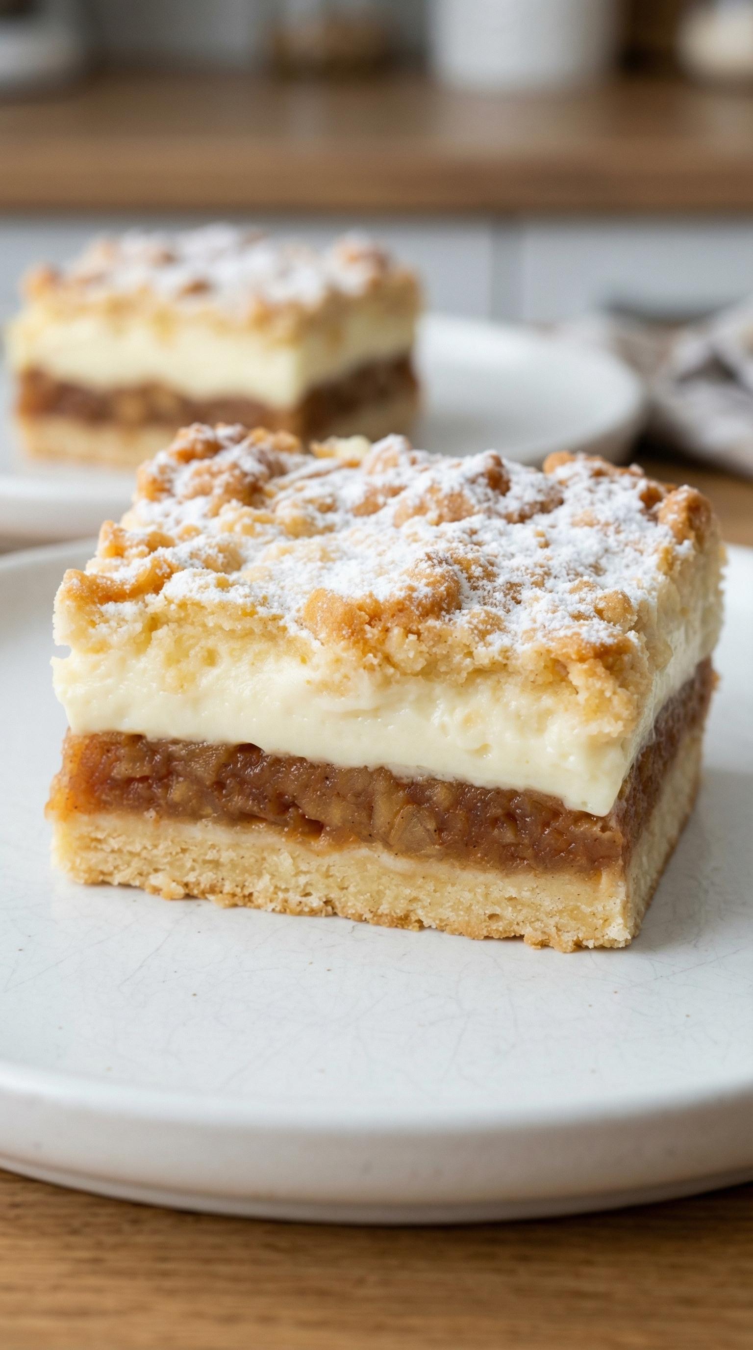 A slice of cake with powdered sugar on top.