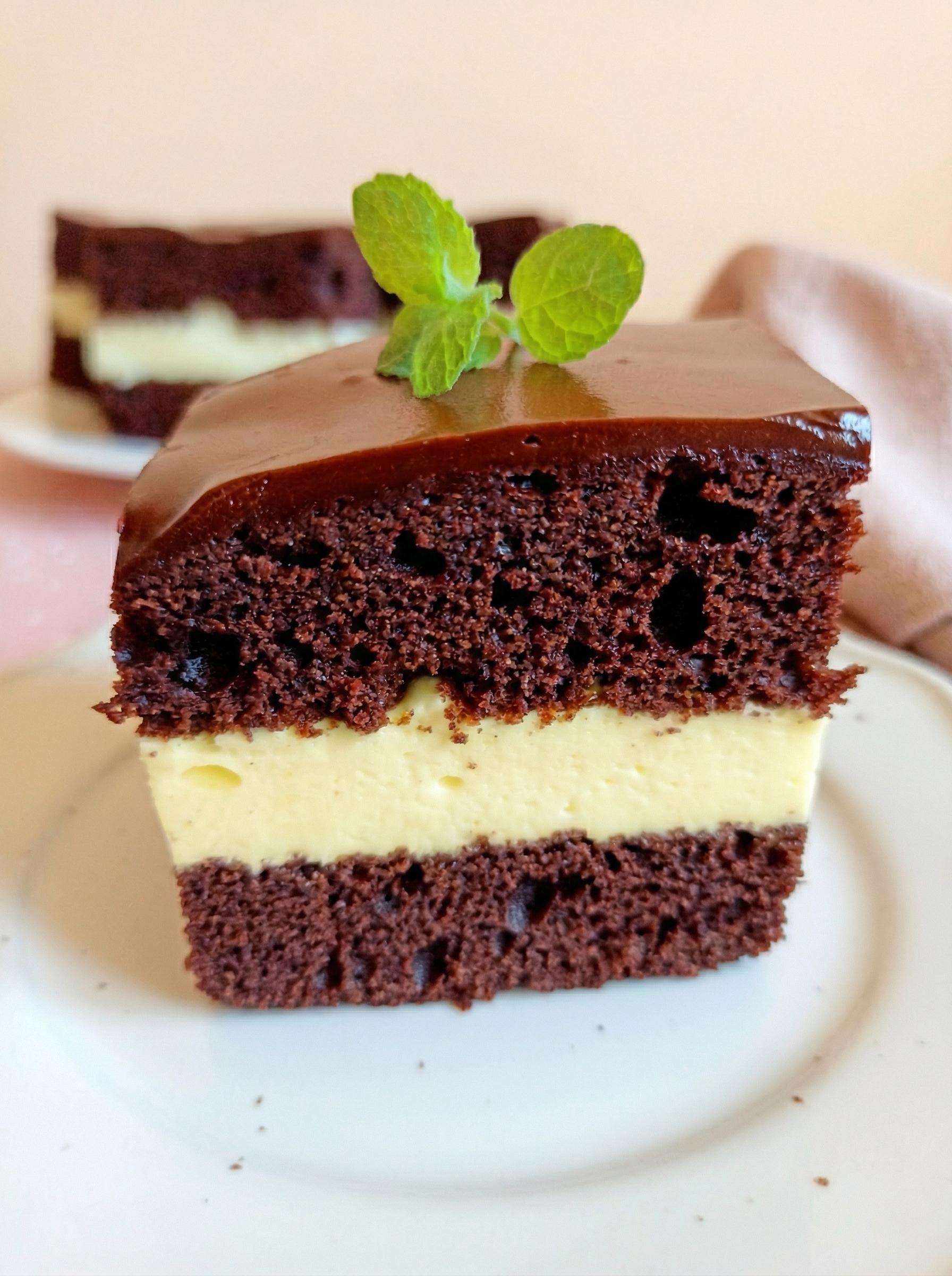 A slice of chocolate cake with a mint leaf on top.