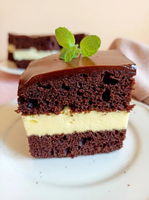 A slice of chocolate cake with a mint leaf on top.