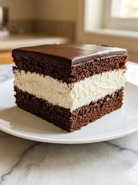 A slice of chocolate cake with white frosting.