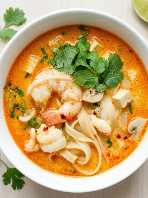 A bowl of soup with shrimp and noodles.