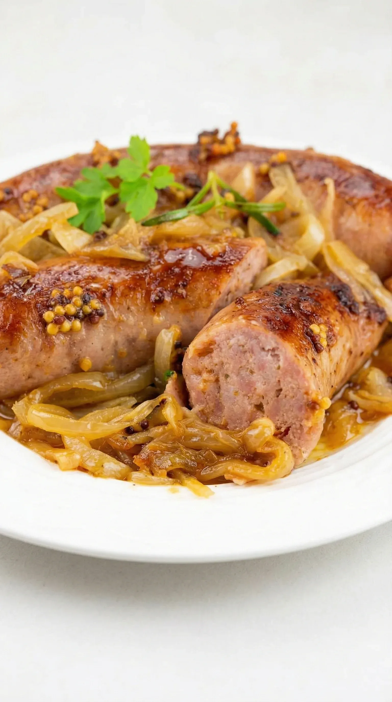 A plate of sausage with onions.