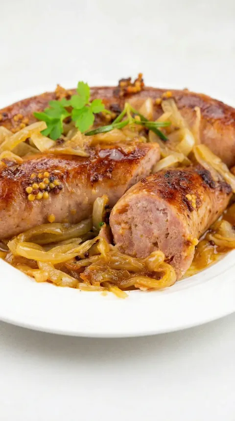 A plate of sausage with onions.
