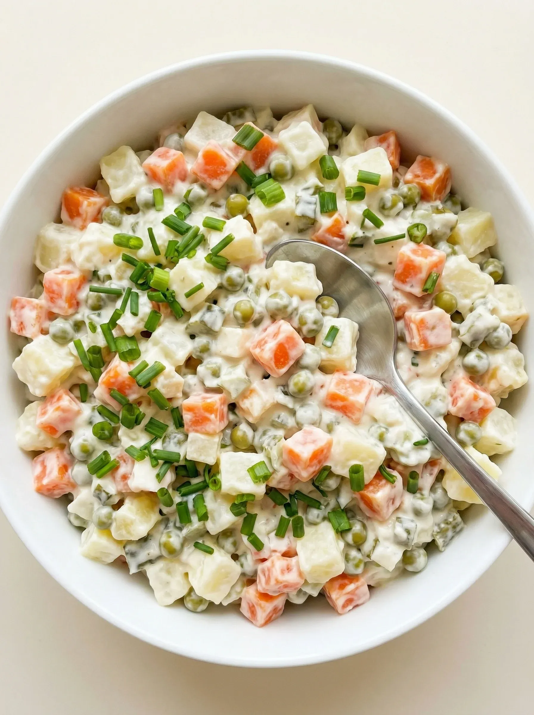 A bowl of salad with a spoon in it.