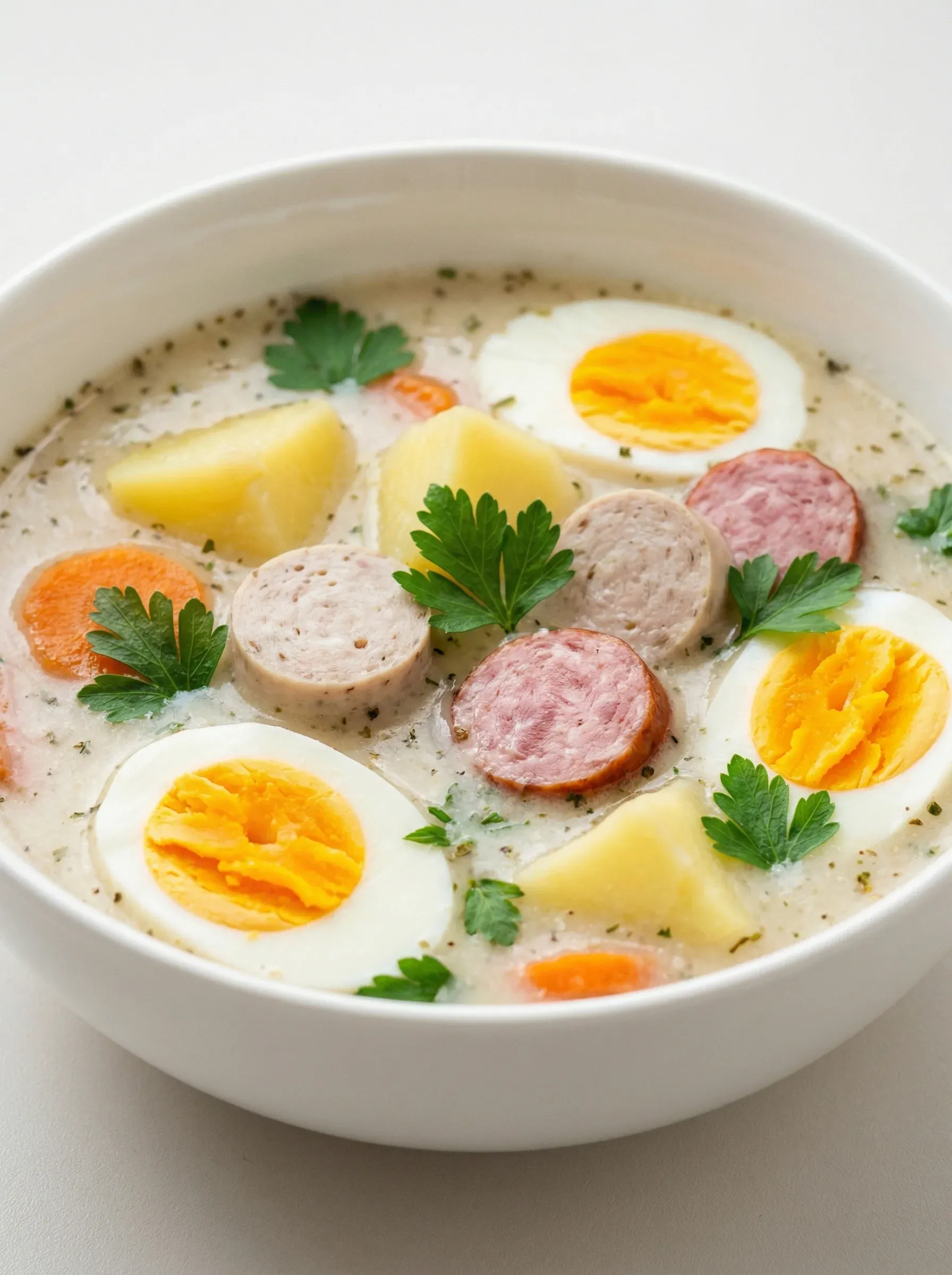 A bowl of soup with eggs, sausage, and potatoes.