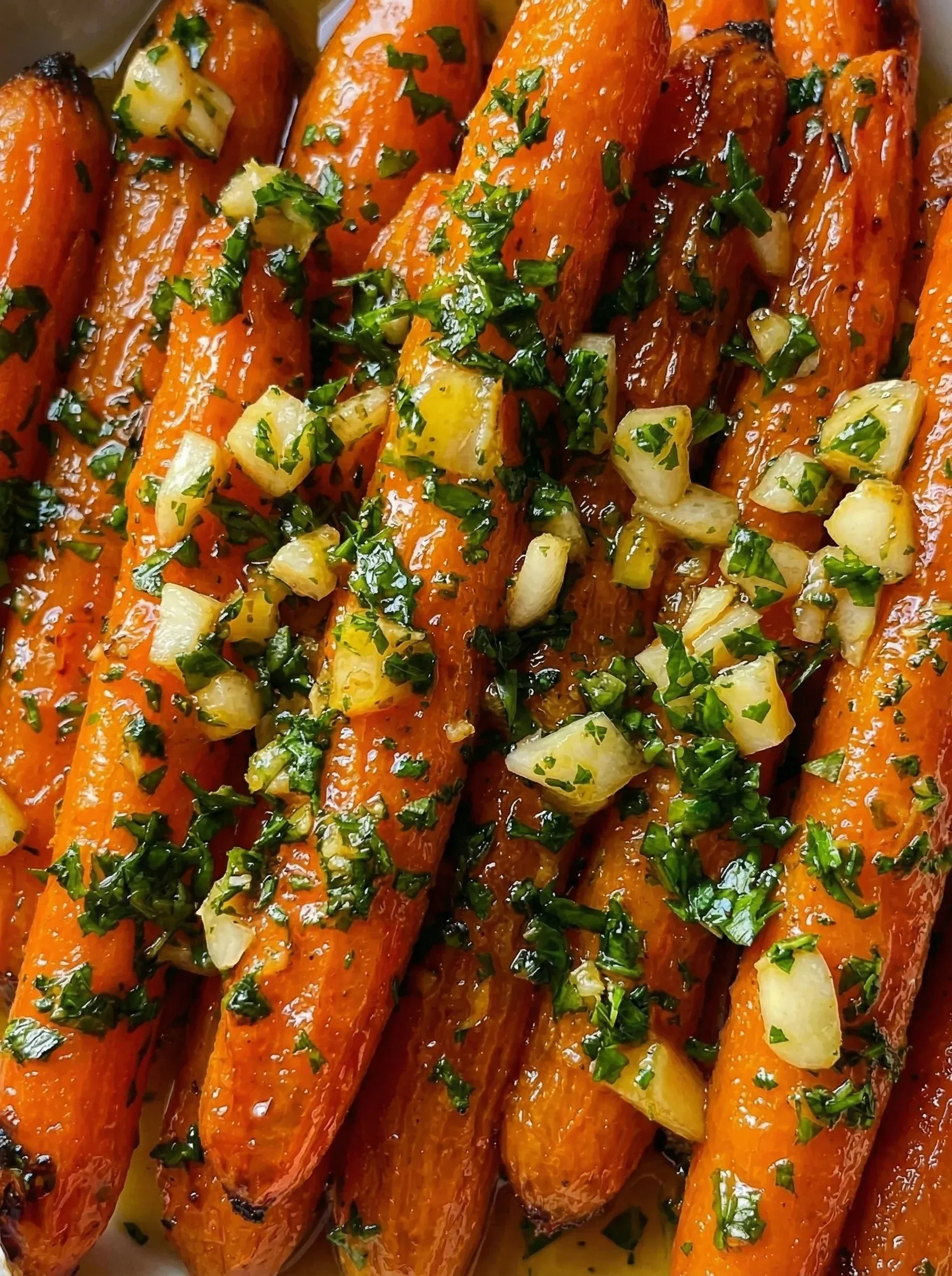 A close up of a carrot with onions and herbs.