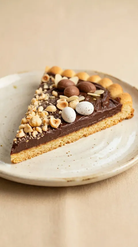 A slice of chocolate cake with nuts and marshmallows on top.