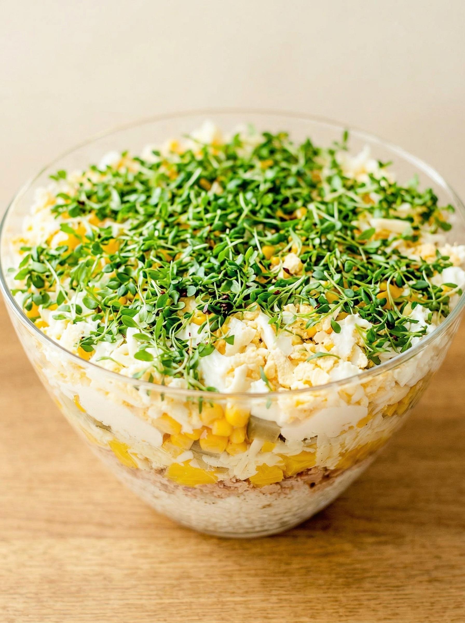 A bowl of food with sprouts on top.