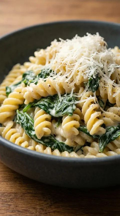 A bowl of pasta with spinach.