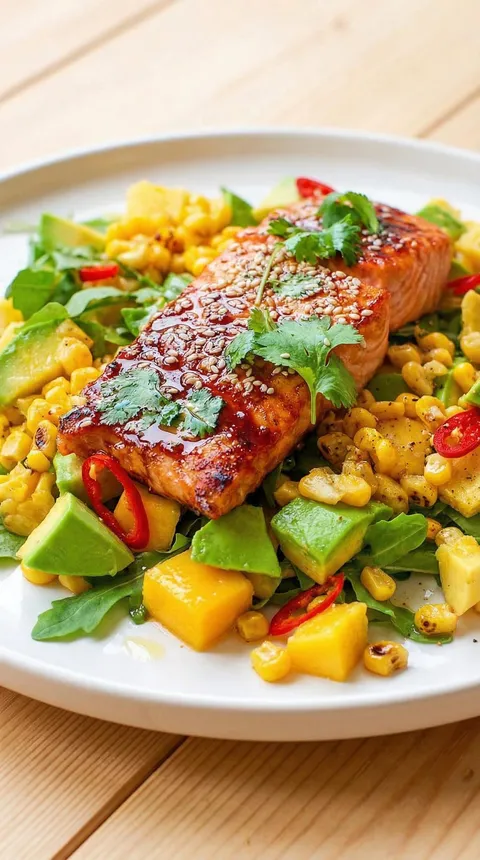 A plate of food with a salad and a piece of fish.