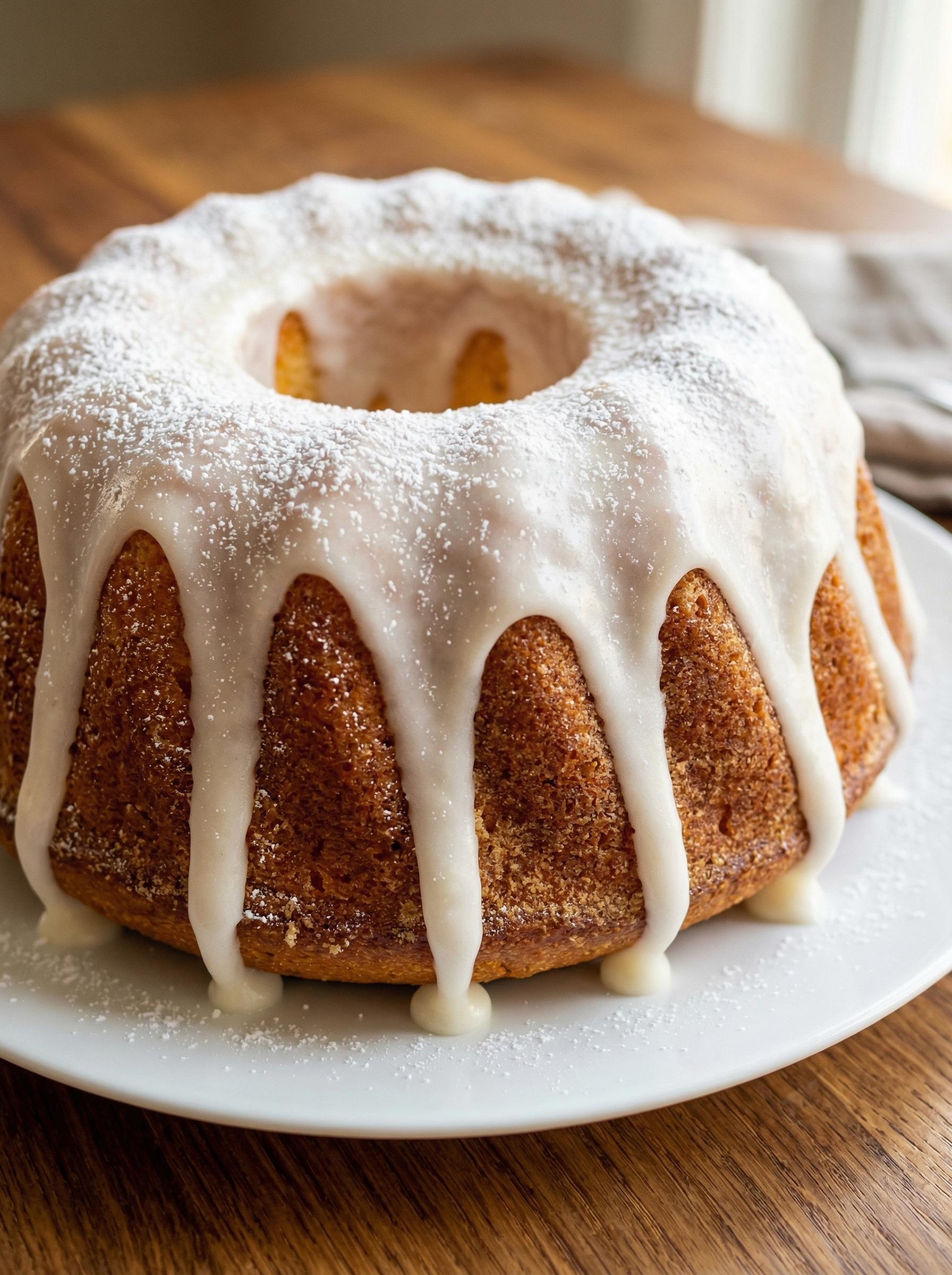 A cake with white frosting and powdered sugar.
