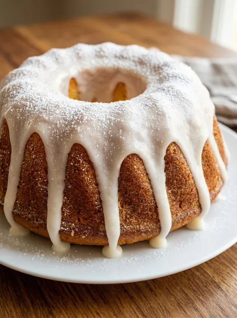 A cake with white frosting and powdered sugar.