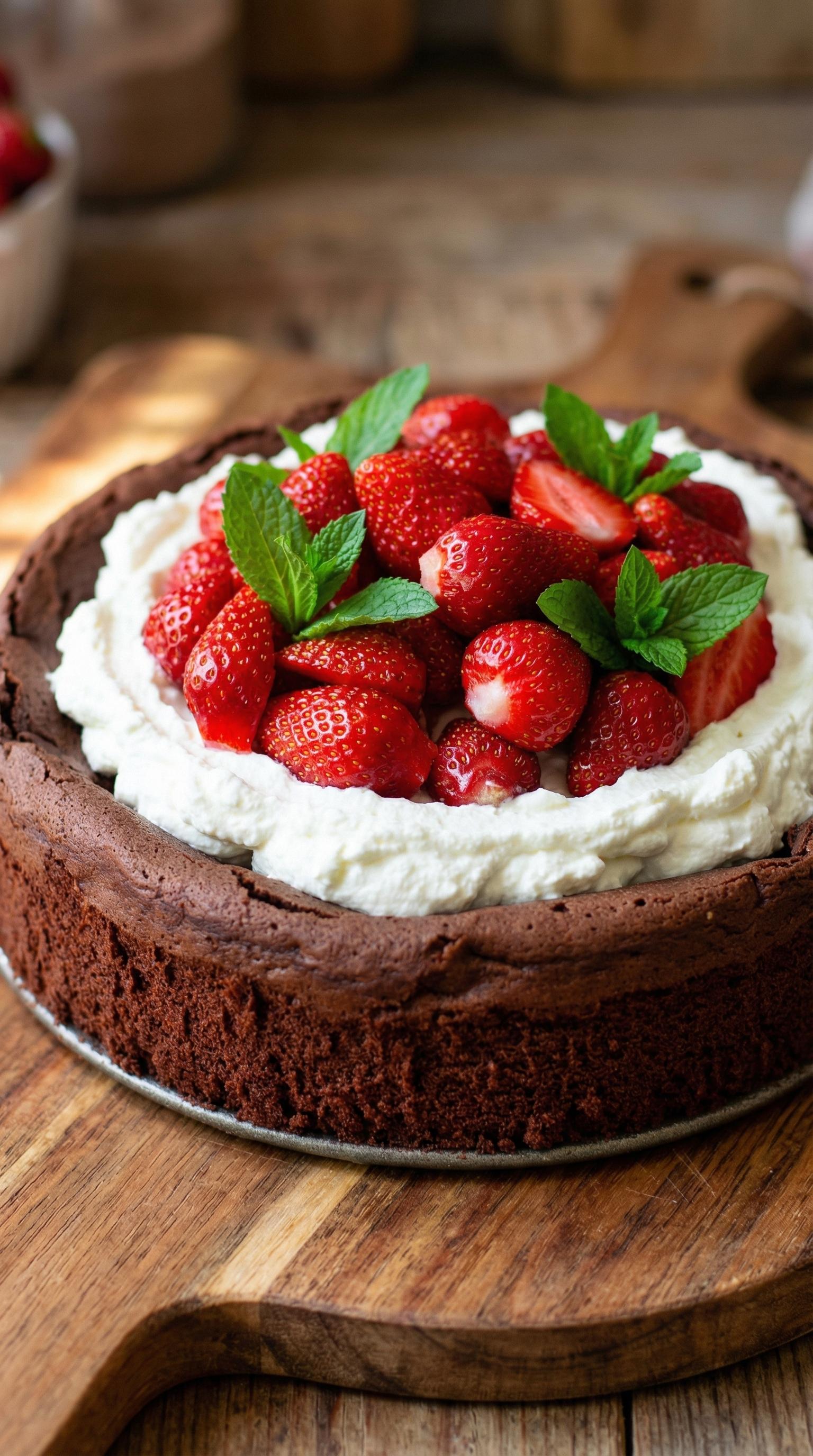 A slice of chocolate cake with strawberries on top.