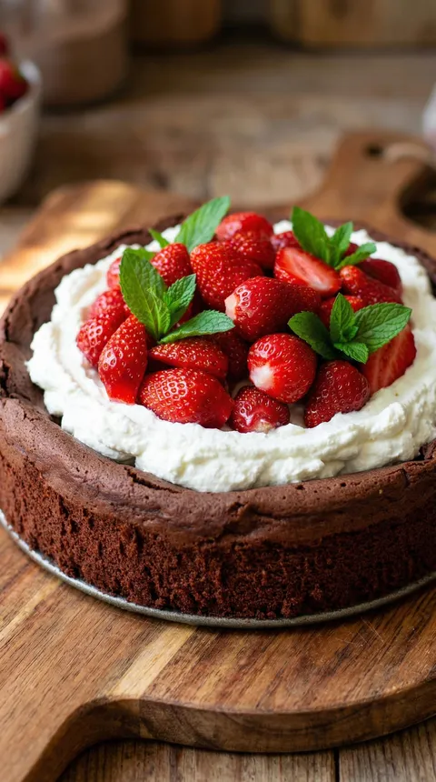 A slice of chocolate cake with strawberries on top.