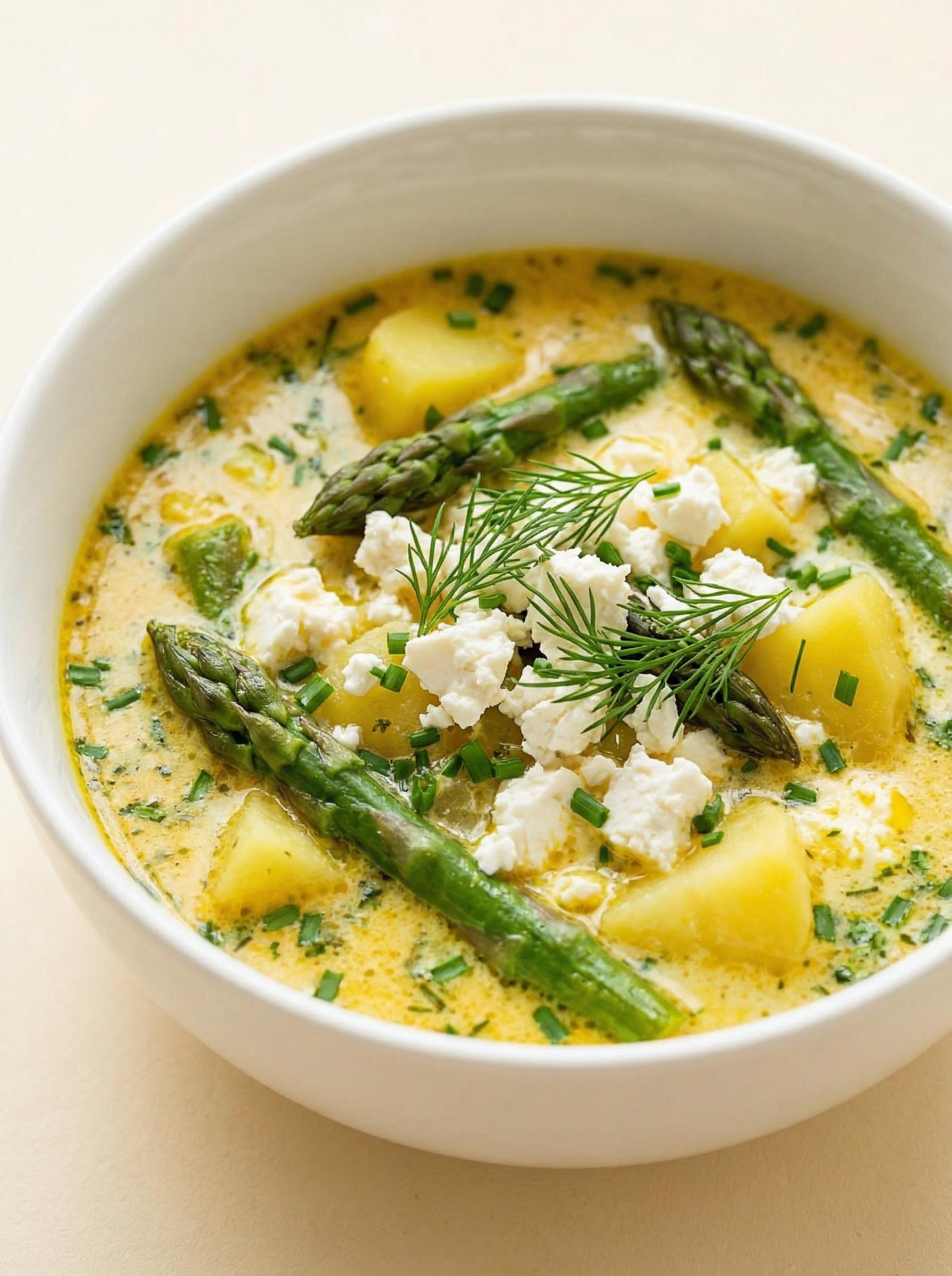 A bowl of soup with asparagus and feta cheese.