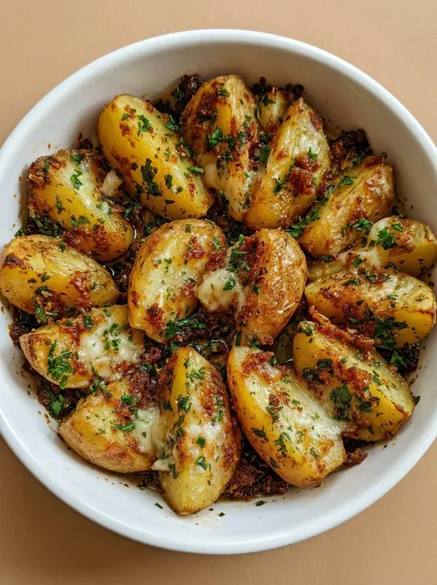 A bowl of potatoes with cheese and herbs.