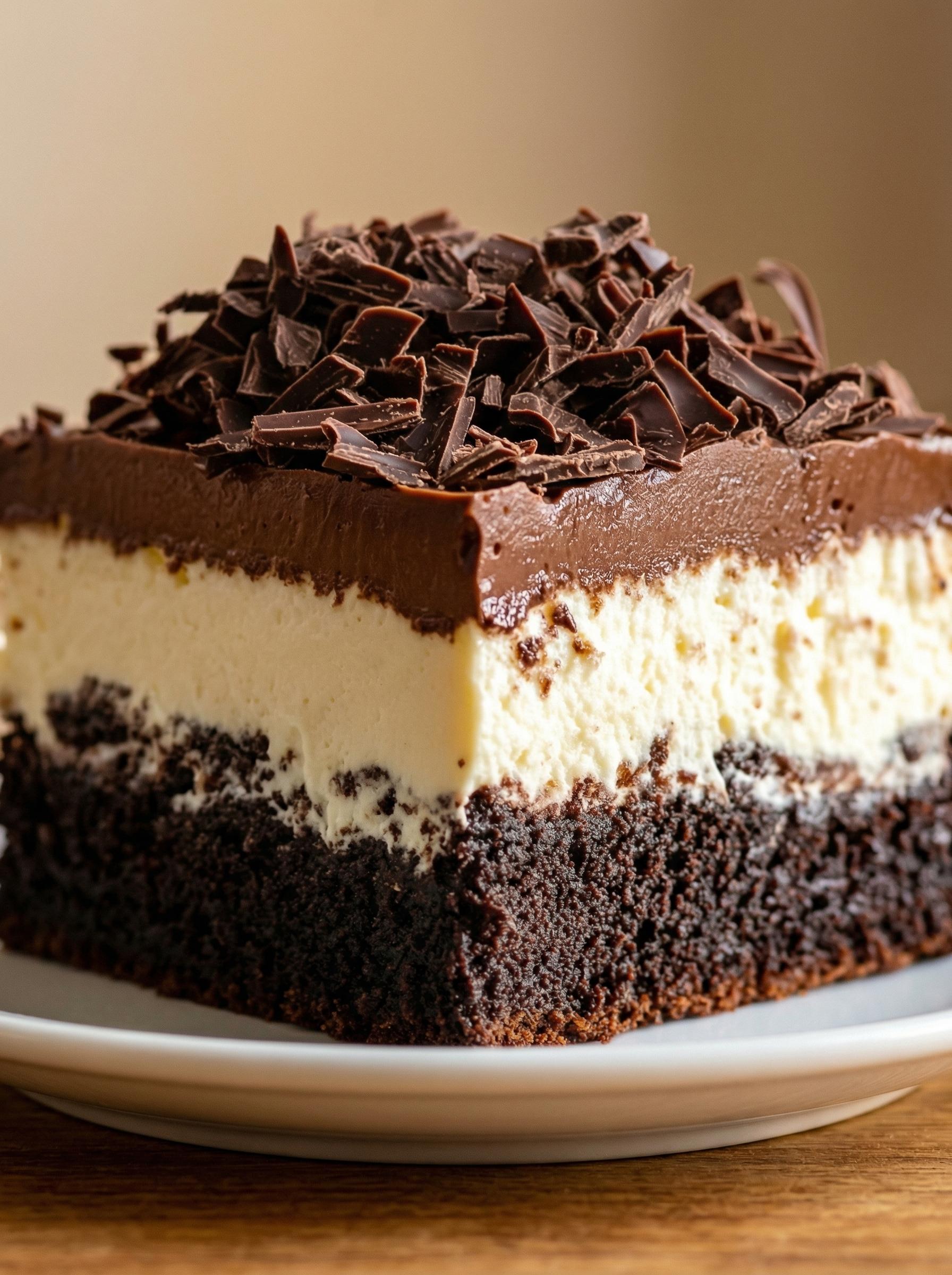 A slice of chocolate cake with chocolate chips on top.