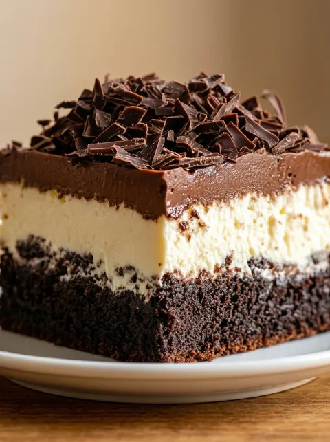 A slice of chocolate cake with chocolate chips on top.