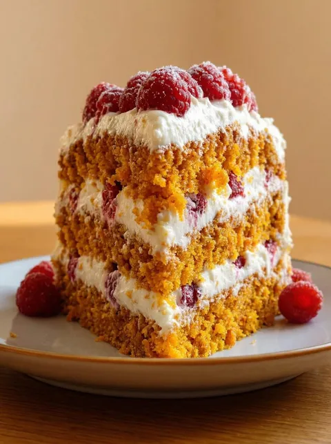 A cake with white frosting and raspberries on top.