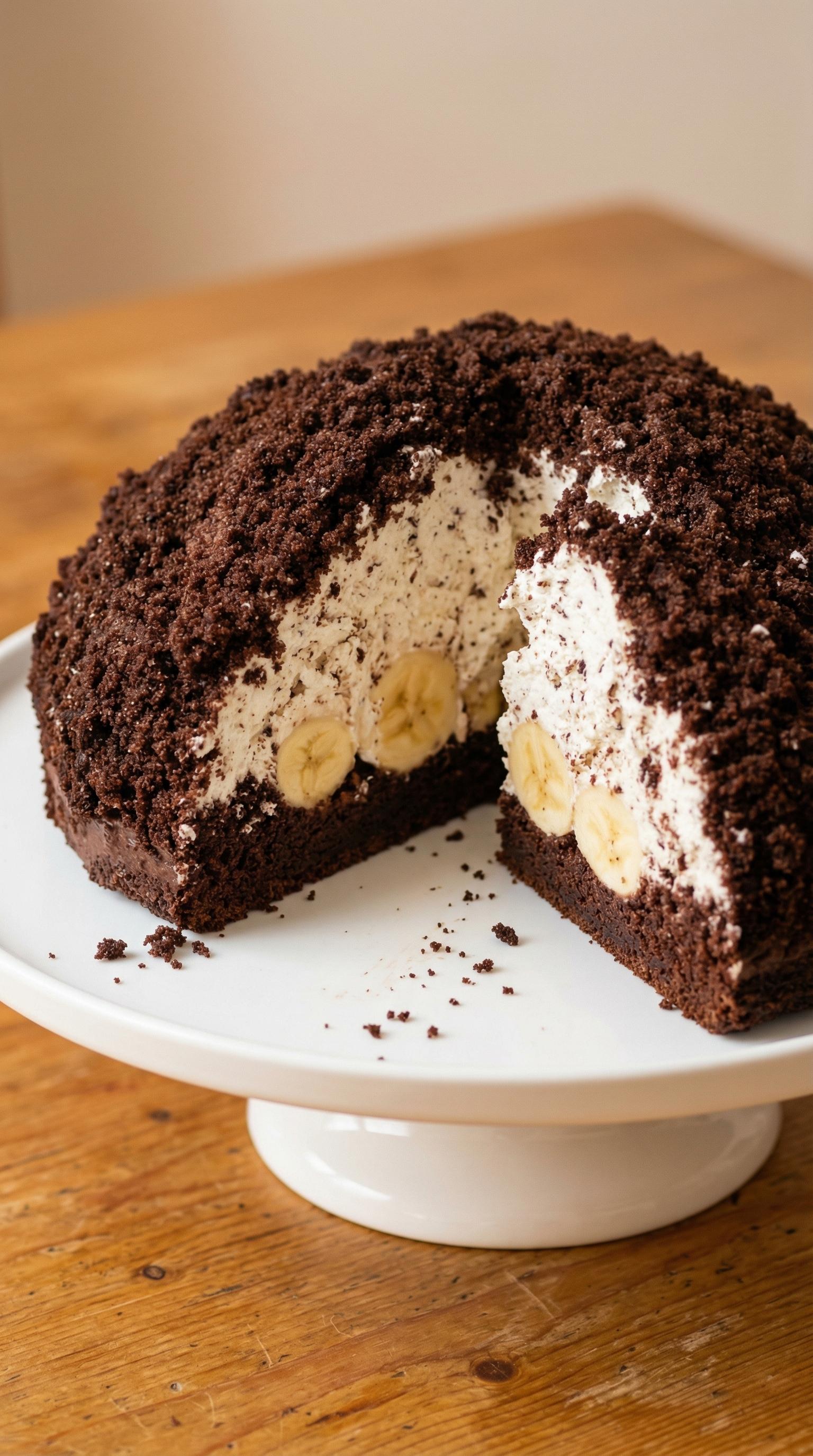 A slice of chocolate cake with bananas.