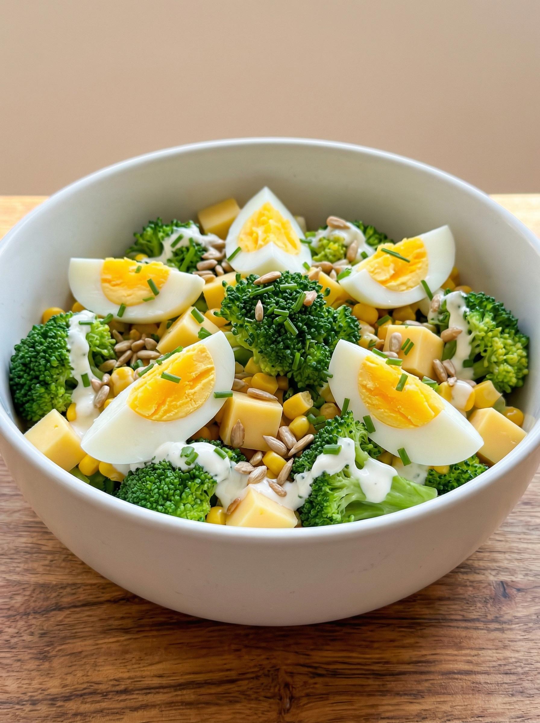 A bowl of salad with eggs and broccoli.