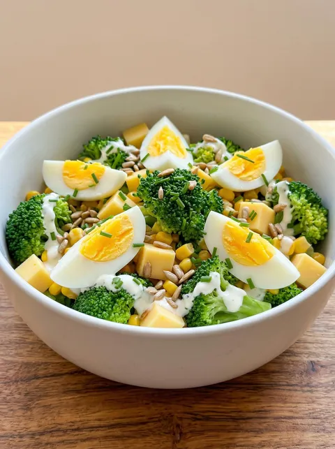 A bowl of salad with eggs and broccoli.