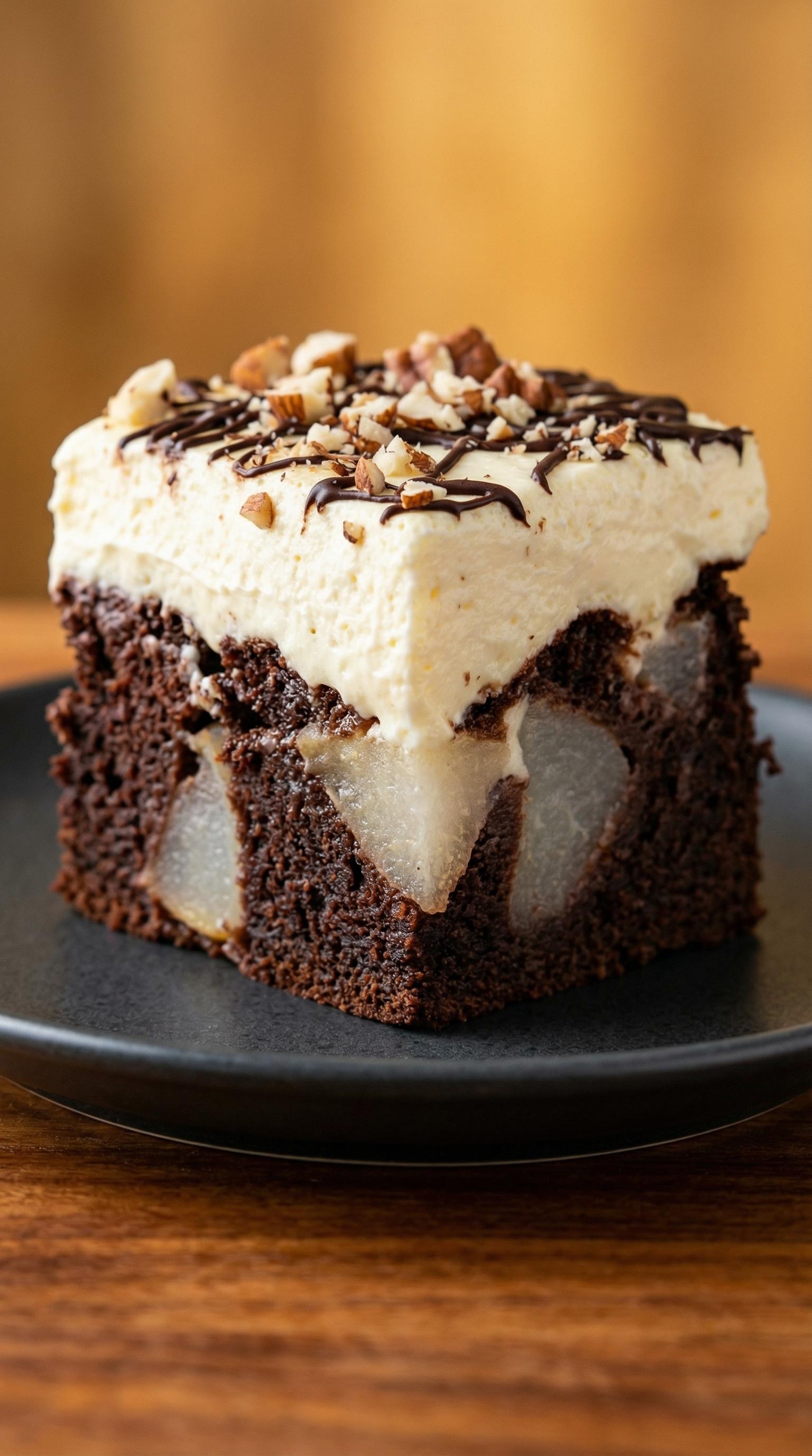 A slice of chocolate cake with nuts and cream.