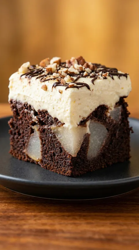 A slice of chocolate cake with nuts and cream.