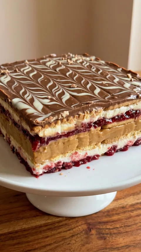 A slice of ciasto with chocolate and raspberry filling.