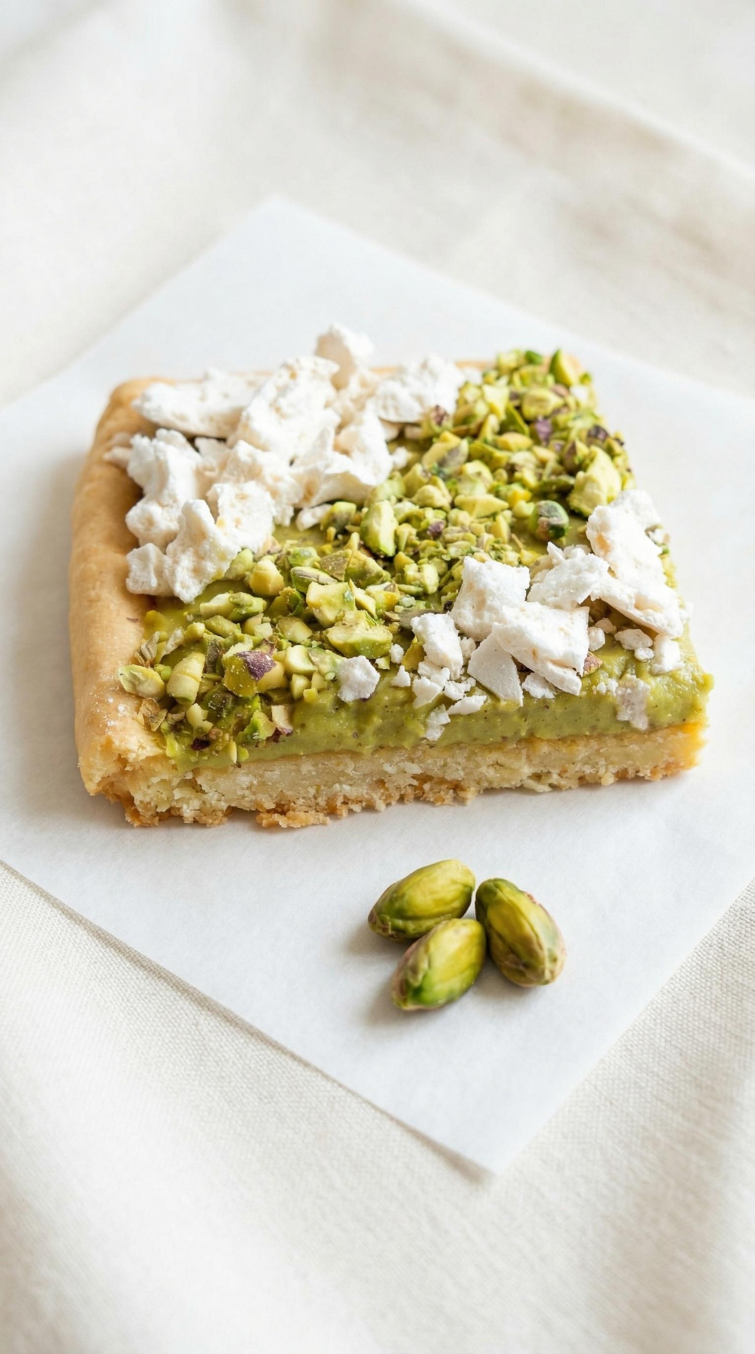 A slice of pistachio cake on a white paper.