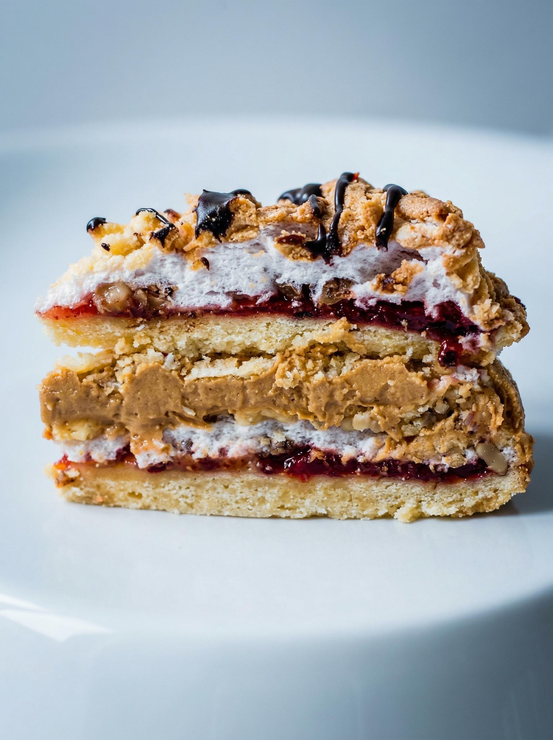 A slice of cake with peanut butter and jelly on a plate.
